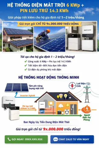 Hệ thống điện mặt trời Hybrid 6kw lưu trữ 32kwh